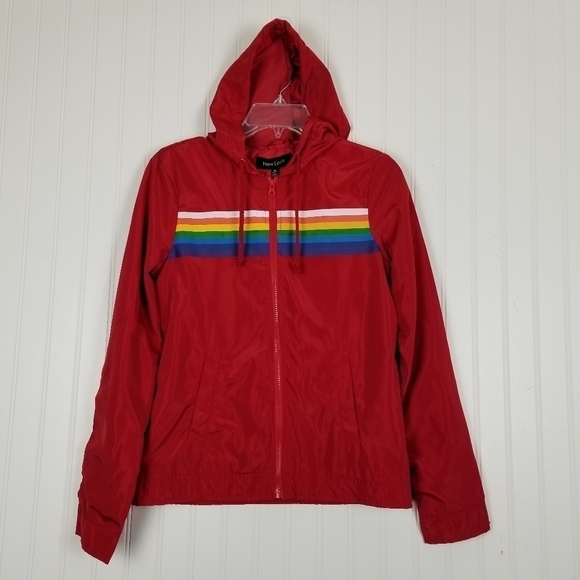 New Look Womens Red Rainbow Stripe Full Zip Jacket Hood Windbreaker Medium - Picture 3 of 12